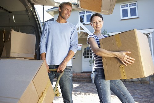 Packed office furniture and files ready for storage